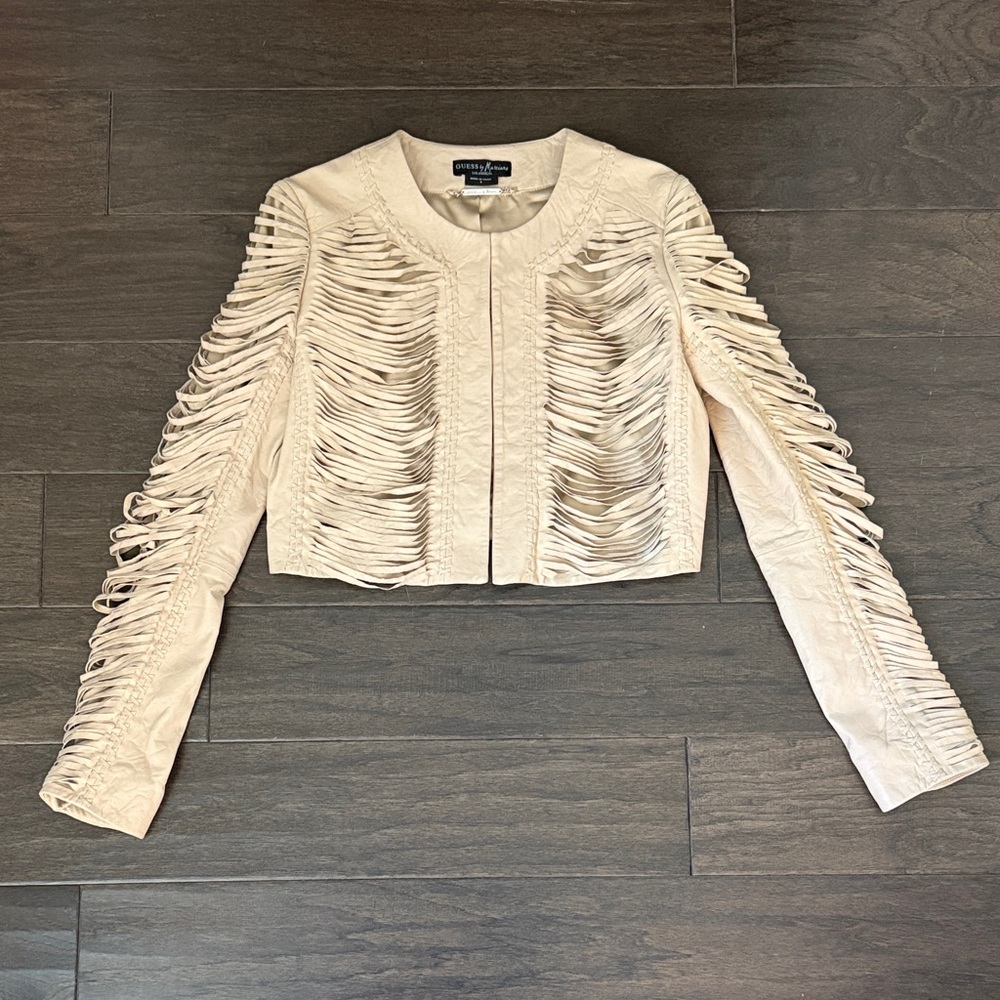 Guess by Marciano Beige Leather Jacket with Cutout Design